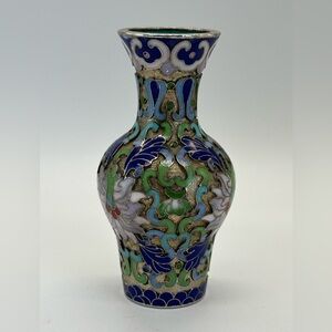 Vintage Chinese Cloisonne Small Vase Flowers Enameled Brass